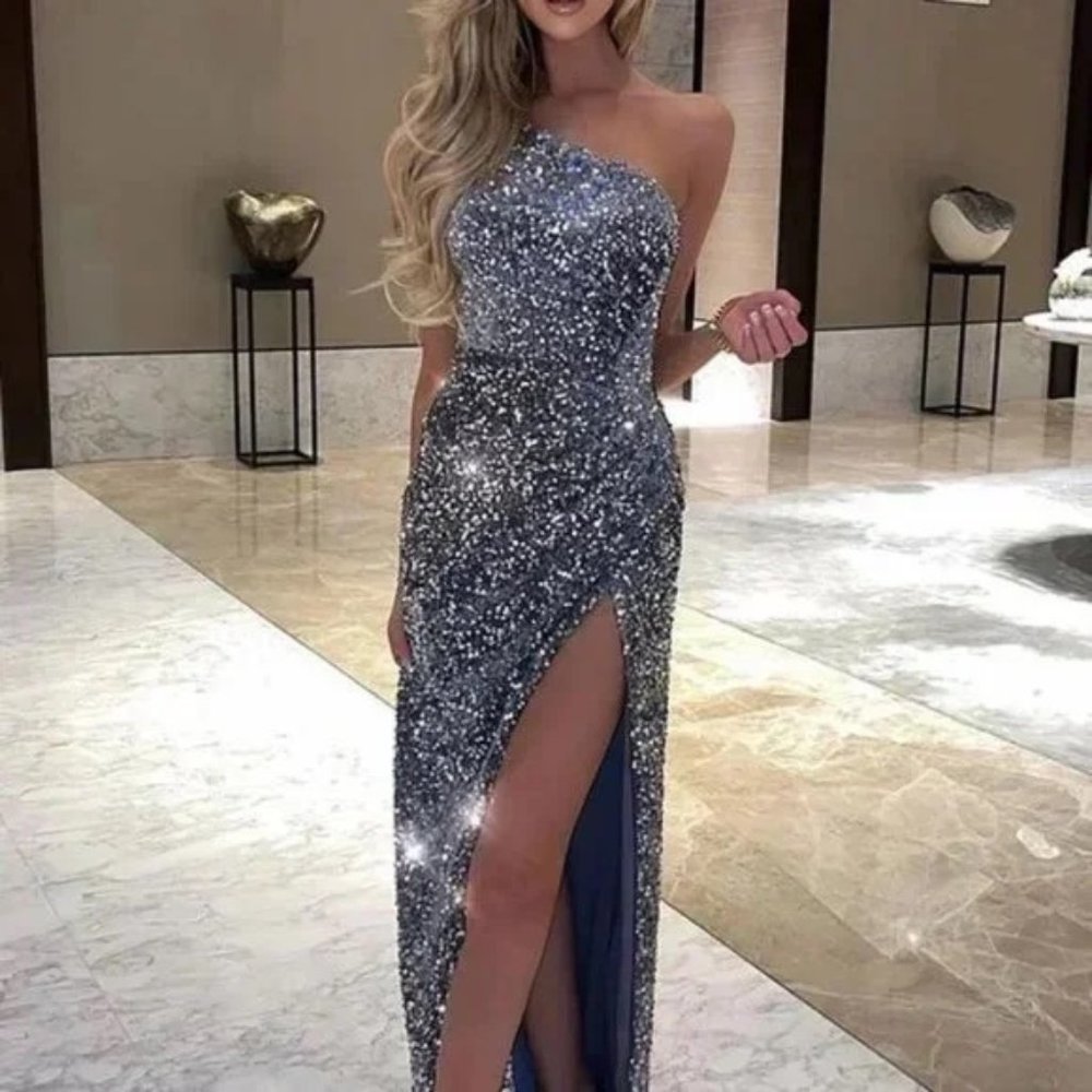Fashion Nova-Silver Karli Sequin Maxi Dress - Small